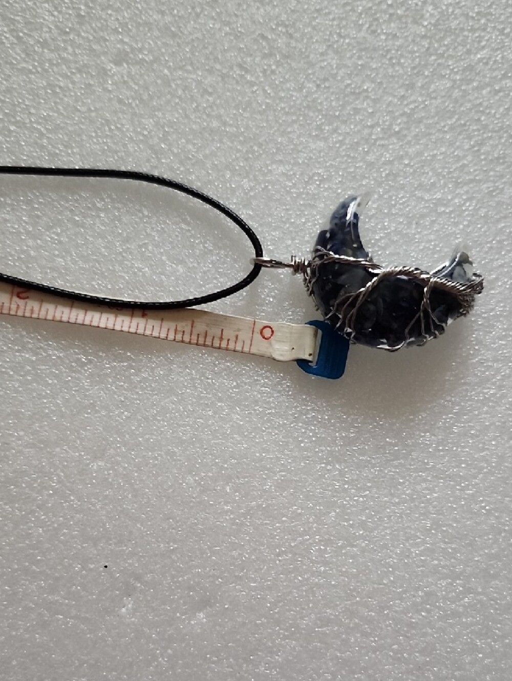 Hand Crafted Navy Blue Crescent Moon Wire-Wrapped Pendant Necklace - Picture 4 of 7